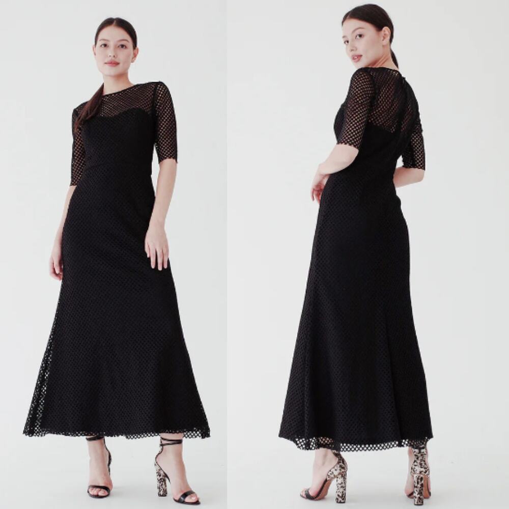 Vera Wang Women's Black Mesh Maxi Dress 12 Half Sleeve Long Formal Minimalist